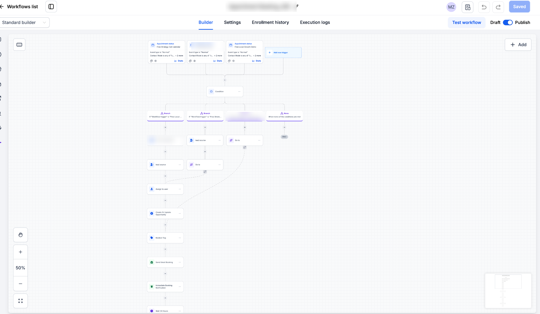 GoHighLevel booking workflow branching across three calendars to record lead source, assign an owner, and create the opportunity