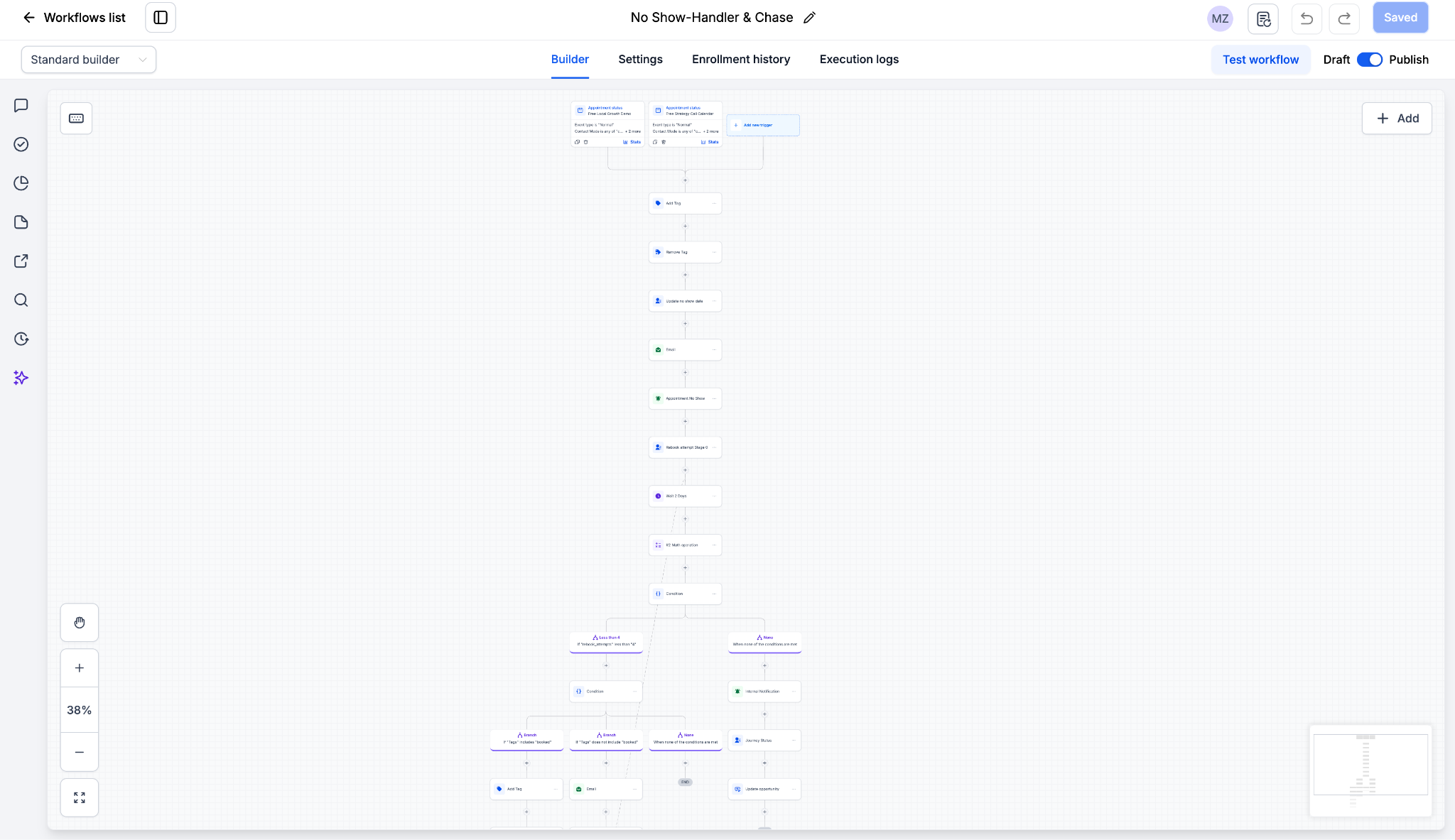 GoHighLevel no-show handler tagging the missed appointment and running a rebooking sequence with an attempt counter