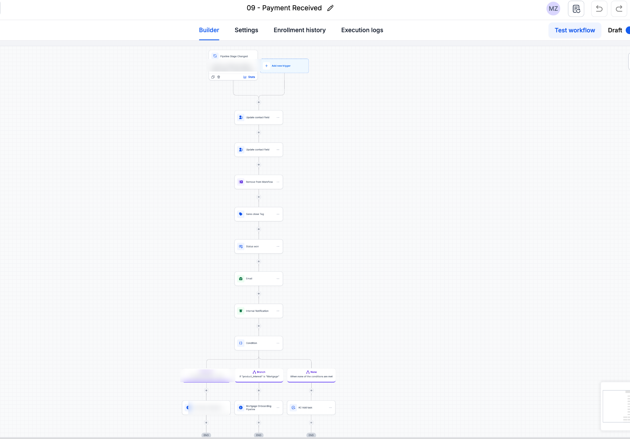 Payment received workflow closing the sale and branching by product into the matching onboarding pipeline