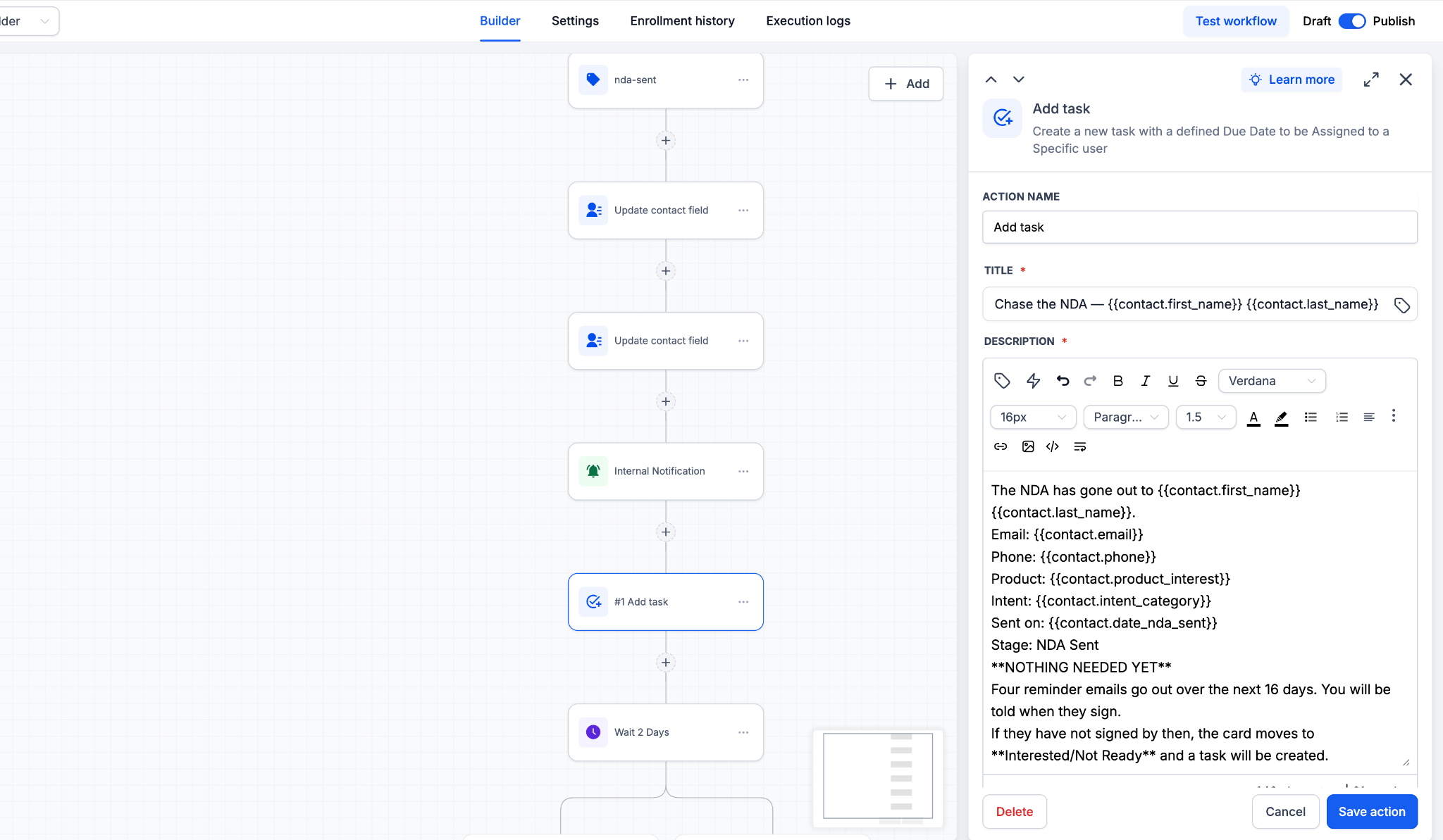 GoHighLevel task configured with client context and plain-English instructions explaining what the automation is doing and when a human should step in