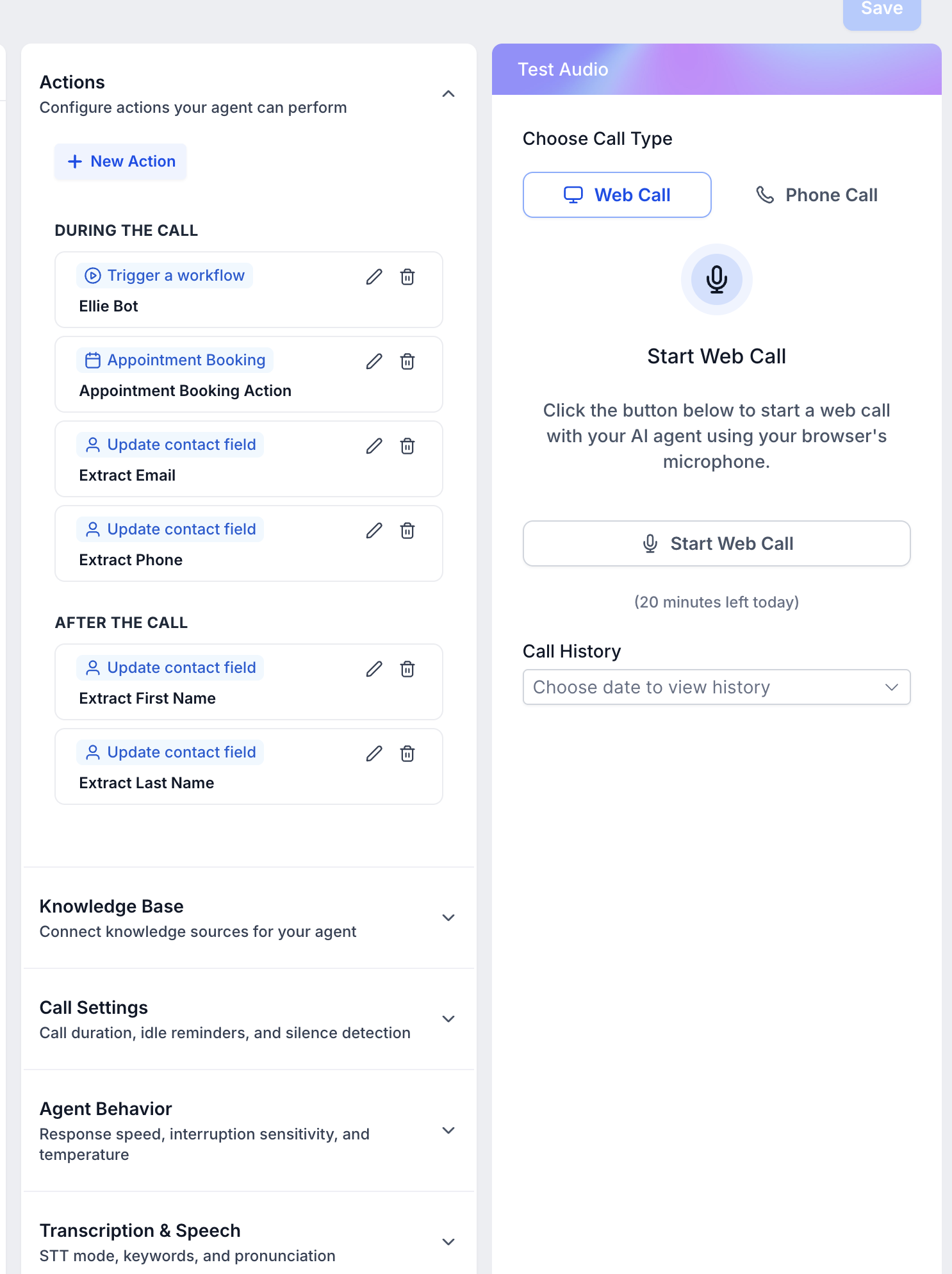 Voice AI agent configuration extracting email, phone, and name into the CRM during and after a call