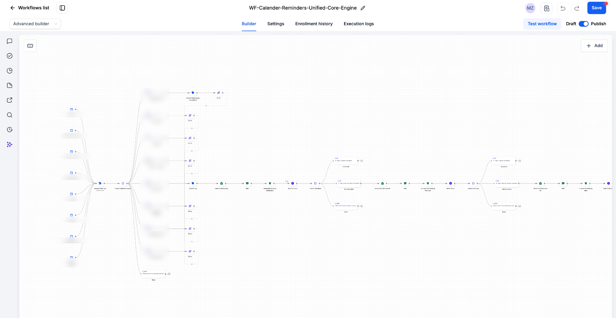 Unified GoHighLevel calendar workflow handling booking confirmations, reminders, no-show rebooking, and cancellation handling across nine advisor calendars
