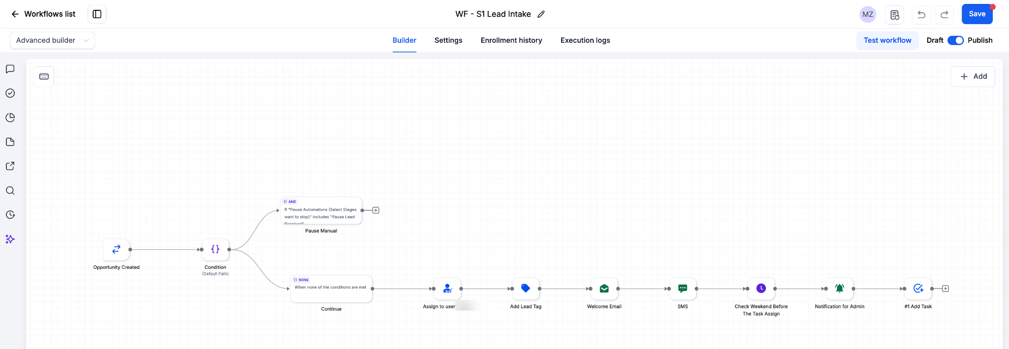 GoHighLevel lead intake workflow assigning an advisor, tagging the lead, and sending welcome email and SMS with a weekend check before task assignment